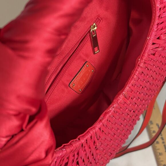 SCOOP Red Basket Handbag Round Woven Purse With Decorative Scarf - Picture 3 of 8